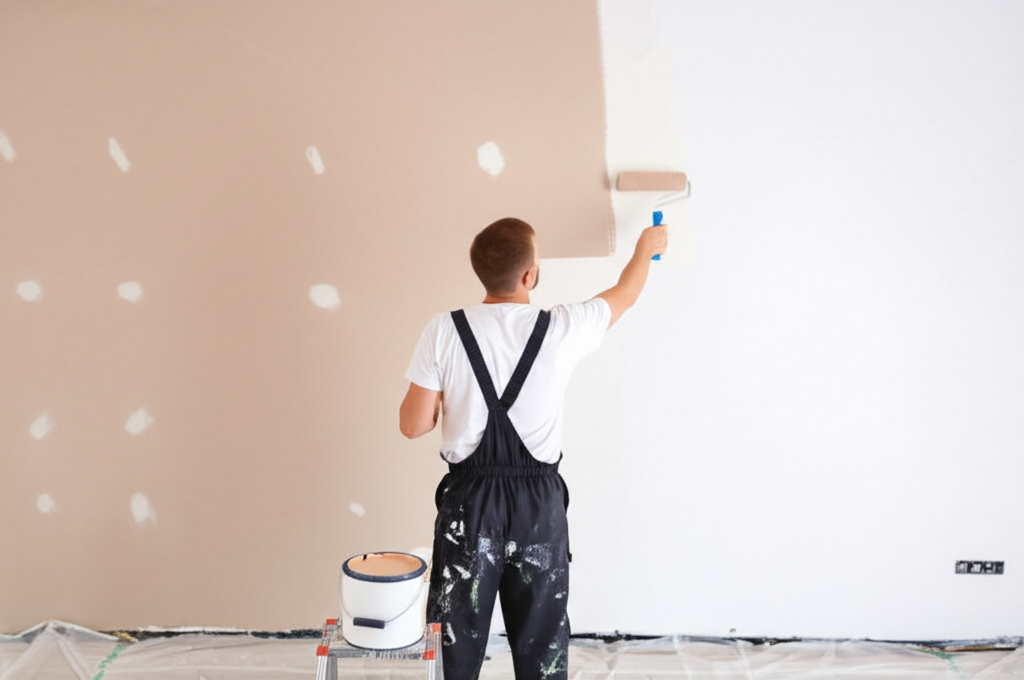 Professional painter finishing drywall