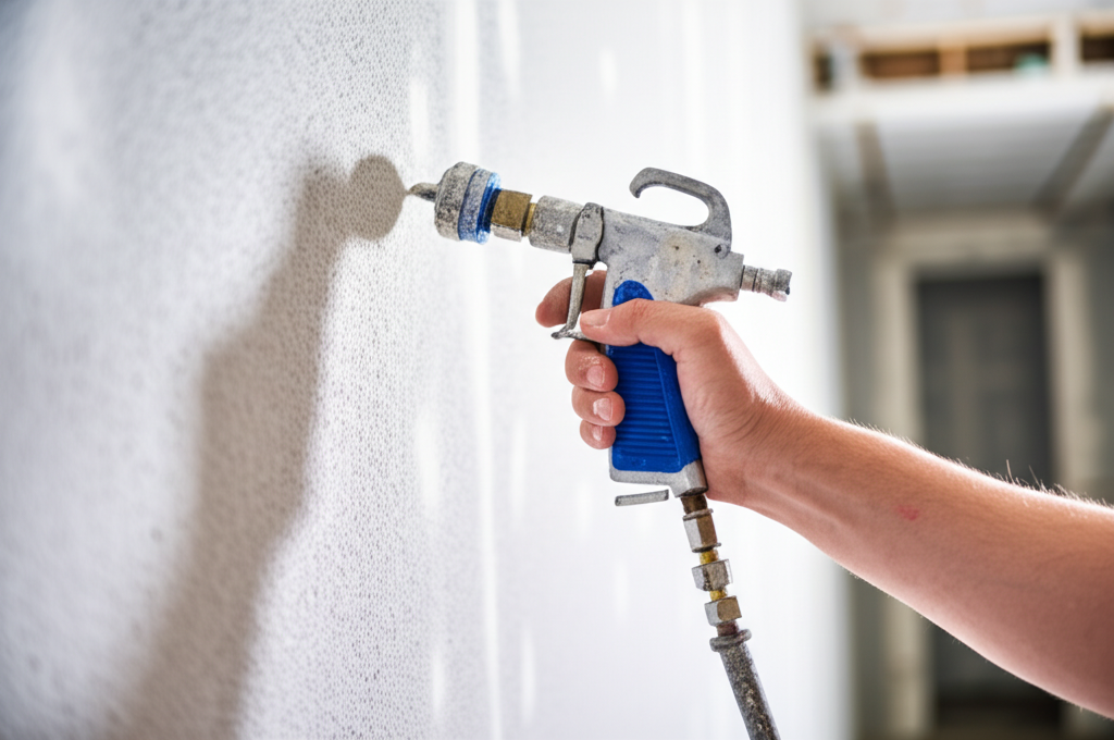 Worker applying texture to wall