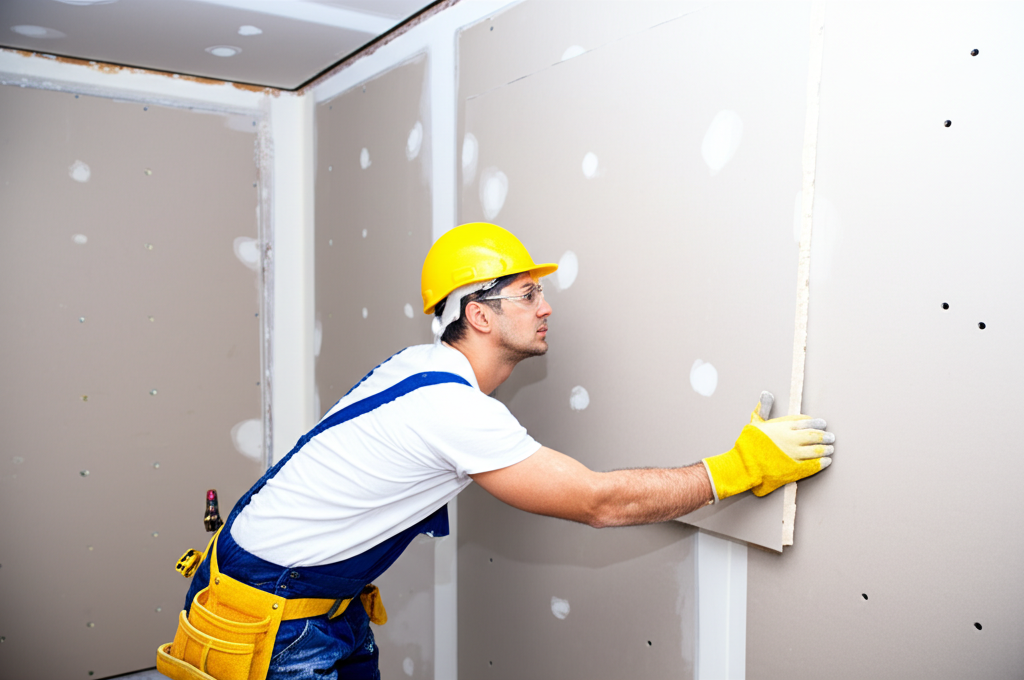 Professional installing new drywall