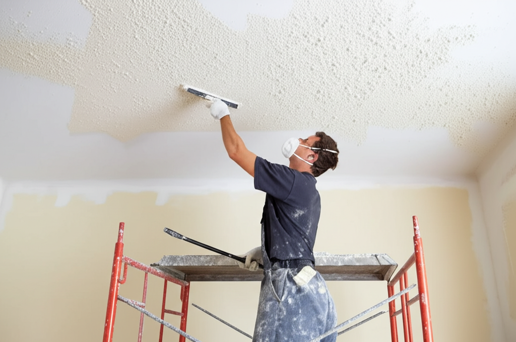 Worker removing popcorn ceiling