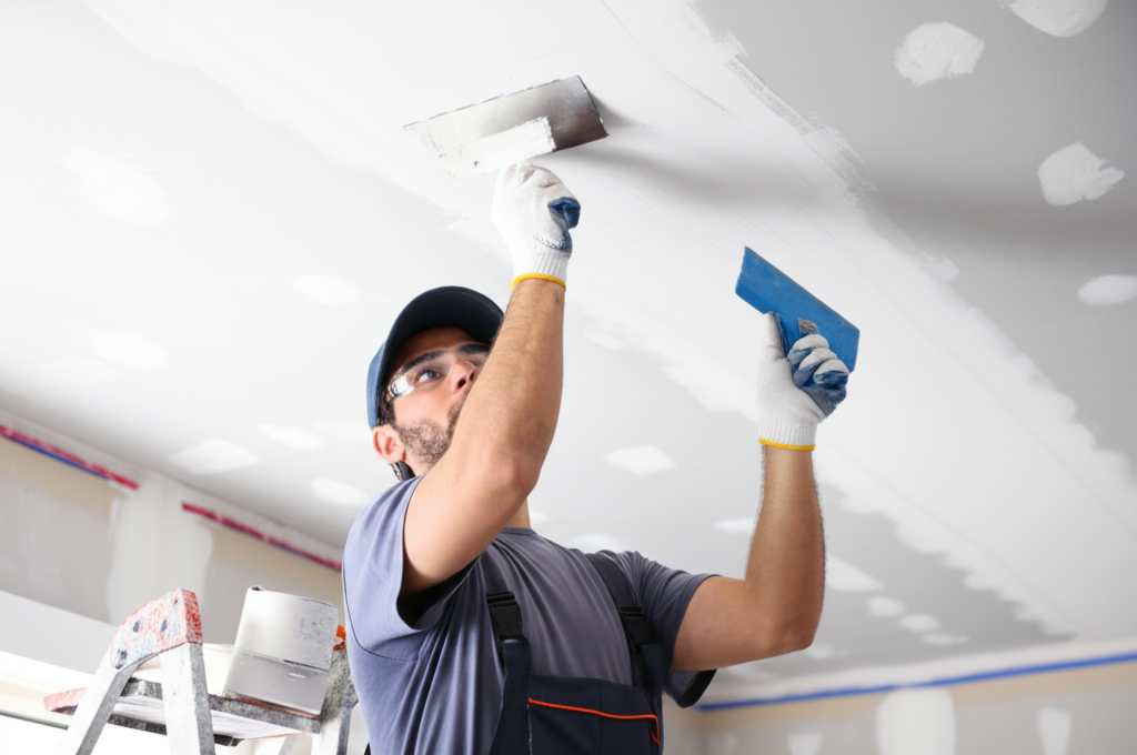 Worker repairing ceiling